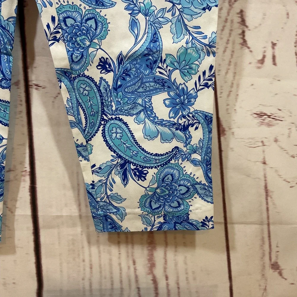 Boston Proper Pants Women's 12 Blue Paisley Floral Print‎ Stretch Cropped Chic